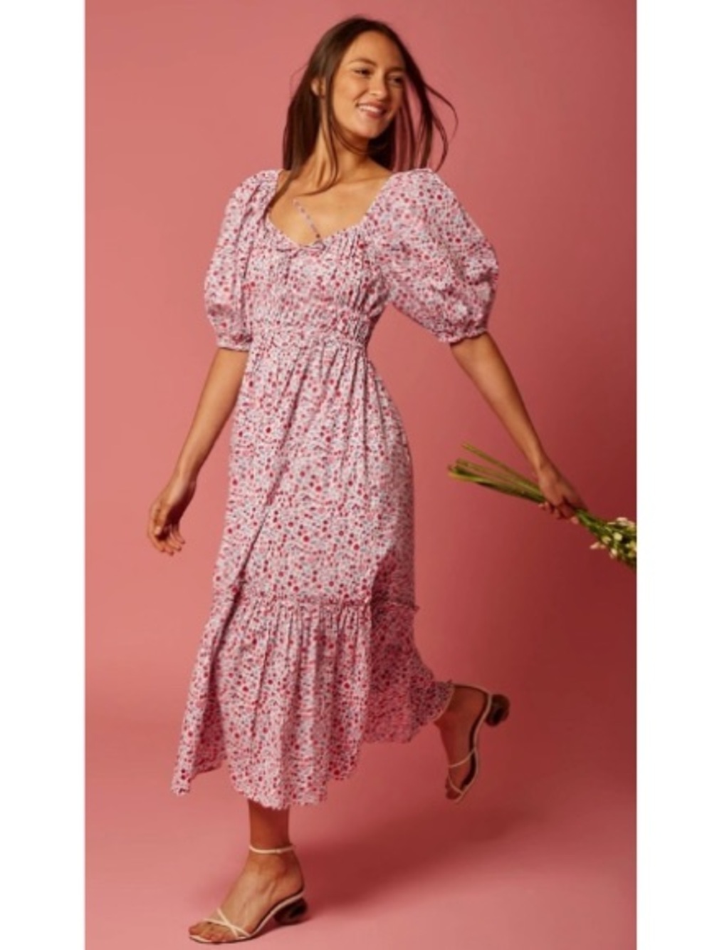 Anthropologie Pink City Prints Sweetheart Rah Rah Ditsy Floral Tiered Midi Dress